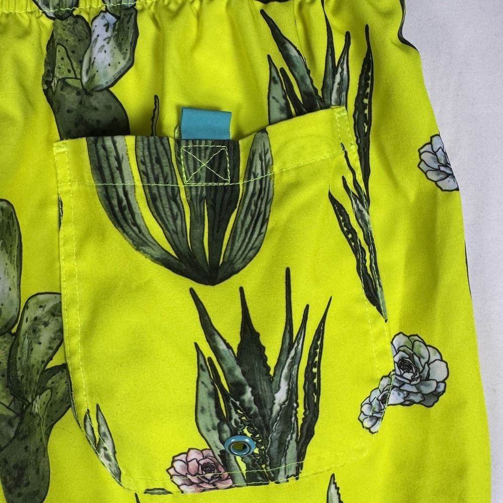 Jake Austin Swim Trunks Mens M Neon Yellow Cactus Print Mesh Lined Drawstring - Picture 4 of 6